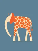 Illustratie van een olifant met oranje vlekken op blauwe achtergrond, kinderkamer schilderij