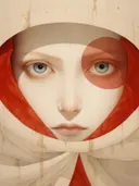Close-up van een vrouwengezicht deels bedekt door een rood-beige doek met druipeffect.