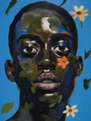 Modern gezichtsportret met camouflage-achtige verfvlekken en bloemen op de huid