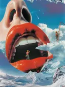 Surrealistisch schilderij van gezicht in wolken boven bergen