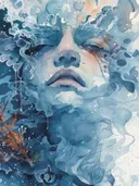 Abstract gezicht dat oplost in blauwtinten water
