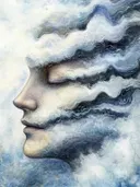 Vrouwengezicht met gesloten ogen dat overloopt in blauwgrijze stormwolken en golven