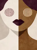 Gezicht in twee helften in aubergine, mid-century modern schilderij