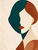 Gezicht in twee helften in diep zeegroen, mid-century modern schilderij