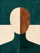 Gezicht in twee helften in diep zeegroen, mid-century modern schilderij