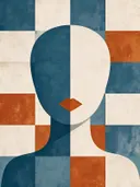 Gezicht in twee helften in leiblauw, mid-century modern schilderij