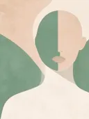 Gezicht in twee helften in saliegroen, mid-century modern schilderij