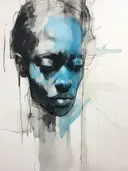 Expressief zwart-wit-blauw portret opgebouwd uit inkt- en waterverflijnen