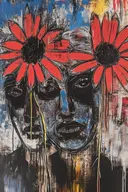 Schilderij van een gezicht met rode margrieten in plaats van ogen op blauwe achtergrond