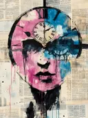 Surrealistisch schilderij van een gezicht samengesmolten met een klok, in roze en blauwe kleuren