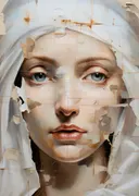 Vrouw achter gescheurd papier schilderij, trompe-l'oeil portret