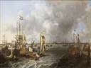 Gezicht op Amsterdam met schepen op het IJ van Ludolf Bakhuizen: zee met schepen, haven, water en vlaggen, in gedempt grijs en blauw