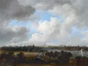 Gezicht op Amsterdam vanaf de Amsteldijk van Jacob van Ruisdael: landschap met vergezicht, stad in de verte, weiland en wolken, in blauw en bruingroen