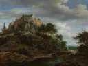 Gezicht op Burg Bentheim van Jacob van Ruisdael: landschap met kasteel, heuvel, bomen en wolken, in warm bruin en blauw
