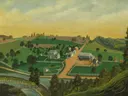 Gezicht op de boerderij van Benjamin Reber van Charles C. Hofmann: landschap met huizen en bomen