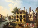 Gezicht op de Brenta bij Dolo van Giovanni Battista Cimaroli: landschap met gebouw, rijtuig en paarden