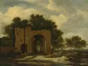 Gezicht op de poort van Huis ter Kleef bij Haarlem (?) van Jacob van Ruisdael: landschap met ruïne, poort, bomen en gras, in warm oker en groen