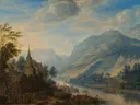 Gezicht op de Rijn bij Reineck van Herman Saftleven: landschap met rivier, bergen, bomen en dorp, in blauw en groen