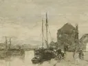 Gezicht op de Turfmarkt met de Eendjespoort in Haarlem van Jan Hendrik Weissenbruch: stad met gracht, stadspoort, schepen en huizen, in gedempt grijs en beige