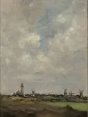 Gezicht op Den Haag van Jacob Maris: landschap met weiland, stad in de verte, molens en toren, in gedempt grijsgroen