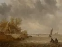 Gezicht op Dordrecht vanuit Papendrecht van Jan van Goyen: landschap met rivier, stad, zeilboten en wolken, in warm okerbruin met grijs