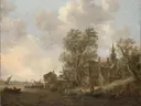 Landschapsschilderij 'Gezicht op een Dorp aan een Rivier' naar Jan van Goyen