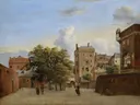 Gezicht op een plein met wandelaars, vroege jaren 1660 van Jan van der Heyden: stad met plein, huizen, wandelaars en toren, in warm baksteenrood en blauw