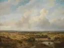 Gezicht op Haarlem van Andreas Schelfhout: landschap met vlakte, wolken, water en figuren, in gedempt groen met grijs