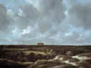 Gezicht op Haarlem vanuit het zuiden met bleekvelden van Jacob van Ruisdael: landschap met panorama, wolken, bleekvelden en kerk, in helder blauw en grijs