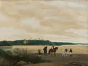 Gezicht op het eiland Itamaraca van Frans Post: landschap met vlakte, wolken, ruiter en dieren, in gedempt beige en groen
