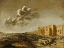 Gezicht op het klooster Belem bij Lissabon van Dirk Stoop: landschap met klooster, ruiters, wolken en weg, in warm okerbruin