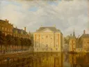 Gezicht op het Mauritshuis van Augustus Wijnantz: stad met gracht, gebouwen, bomen en water, in warm okergeel met blauw