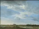 Gezicht op Ilpendam vanuit het zuidwesten; links de Hervormde Kerk, rechts kasteel Ilpenstein (van 1630 tot 1677 in het bezit van Frans Banning Cocq) van Anthonie van Borssom: landschap met rivier, kasteel, weiland en wolken, in licht blauw en beige