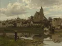 Gezicht op Montigny-sur-Loing van Jacob Maris: stad met dorp, kerk, rivier en huizen, in gedempt grijsgroen
