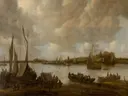 Gezicht over de Rijn naar de Eltense berg van Jan van Goyen: landschap met rivier, zeilboten, oever en figuren, in warm okerbruin