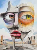 Surrealistisch gezicht half huid half gebarsten steen, staand op twee stenen poten in een woestijnlandschap met ruïnes