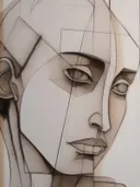 Kubistisch lijnportret opgebouwd uit geometrische vlakken in beige en sepia tinten
