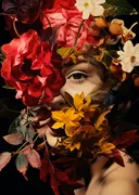 Gezicht tussen bloemen schilderij, botanisch portret
