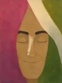 Gezicht van dichtbij in magenta en olijfgroen, portret schilderij