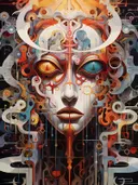 Surrealistisch mechanisch gezicht met tandwielen en heterochrome ogen