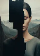 Vrouw achter zwart blok schilderij, minimalistisch surrealistisch kunstwerk
