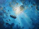 Schilderij van een gezonken schip gezien van bovenaf met lichtstralen