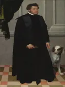Gian Lodovico Madruzzo van Giovanni Battista Moroni: portret met man, hond, zwarte kleding en geruite vloer, in donker zwart en grijs