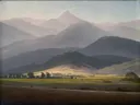 Giant Mountains (View of the Small Sturmhaube from Warmbrunn) van Caspar David Friedrich: landschap met bergen, dal, wolken en heuvels, in blauwgrijs en okergeel
