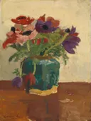 Ginger Pot wit Anemones van George Hendrik Breitner: bloemen met anemonen, vaas, gemberpot en boeket, in rood, blauw en groen