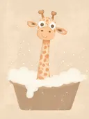 Schilderij met giraffe in bubbelbad, illustratie in beige tinten