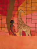 Schilderij van giraffe in warme kleuren bij elkaar