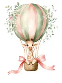 Schilderij van een giraffe in een luchtballon met bloemen, kinderkamer decoratie