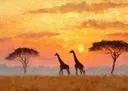 Silhouet van twee giraffen bij zonsondergang op de savanne