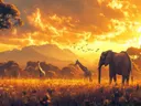 Schilderij van giraffen en een olifant bij zonsondergang op de savanne